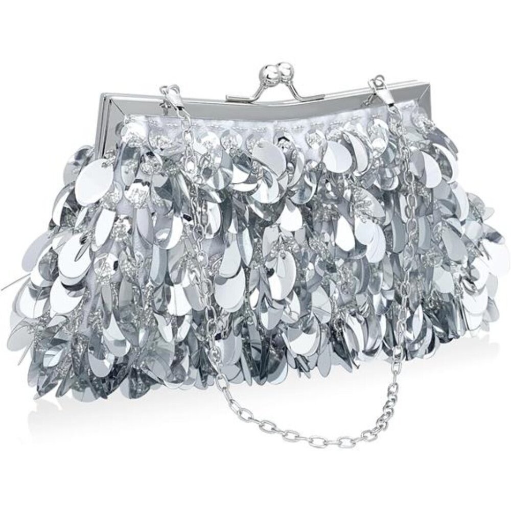 Sparkly  Silver Evening Clutch Purse for Women Elegant Sequined Party  Handbag